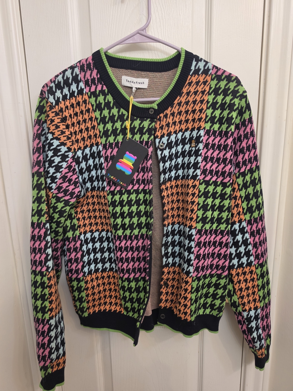 Teddy Fresh Multicolor Houndstooth Knit Cardigan Sweater